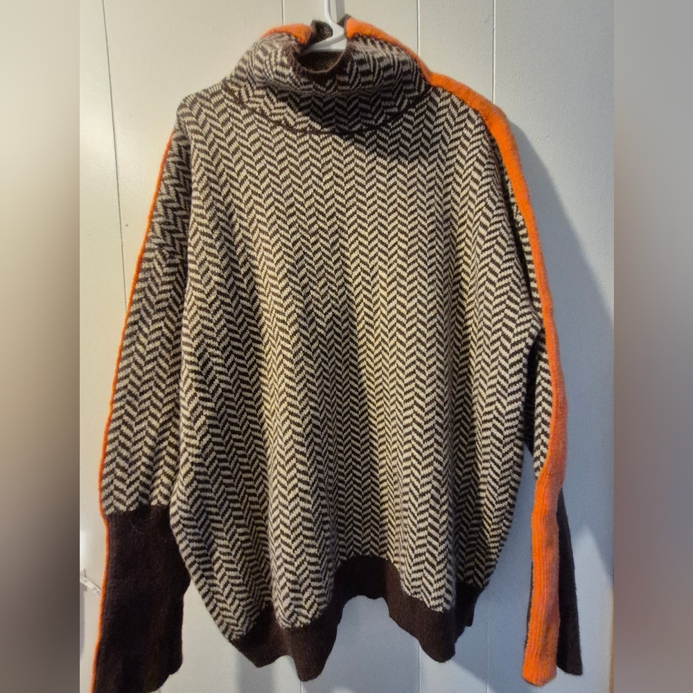 Oversized Herringbone Turtleneck Poncho Sweater – Brown & Orange | Size L to XL